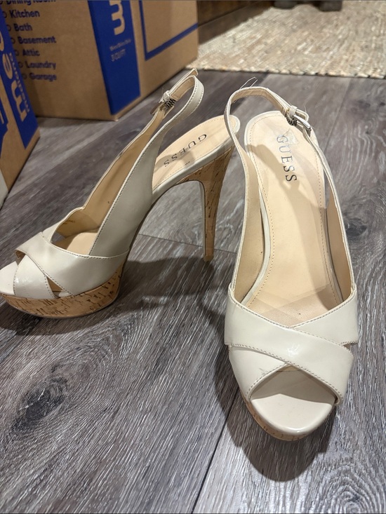 Guess Shoes - GUESS Cream Peep-Toe Cork Platform Slingback Heels